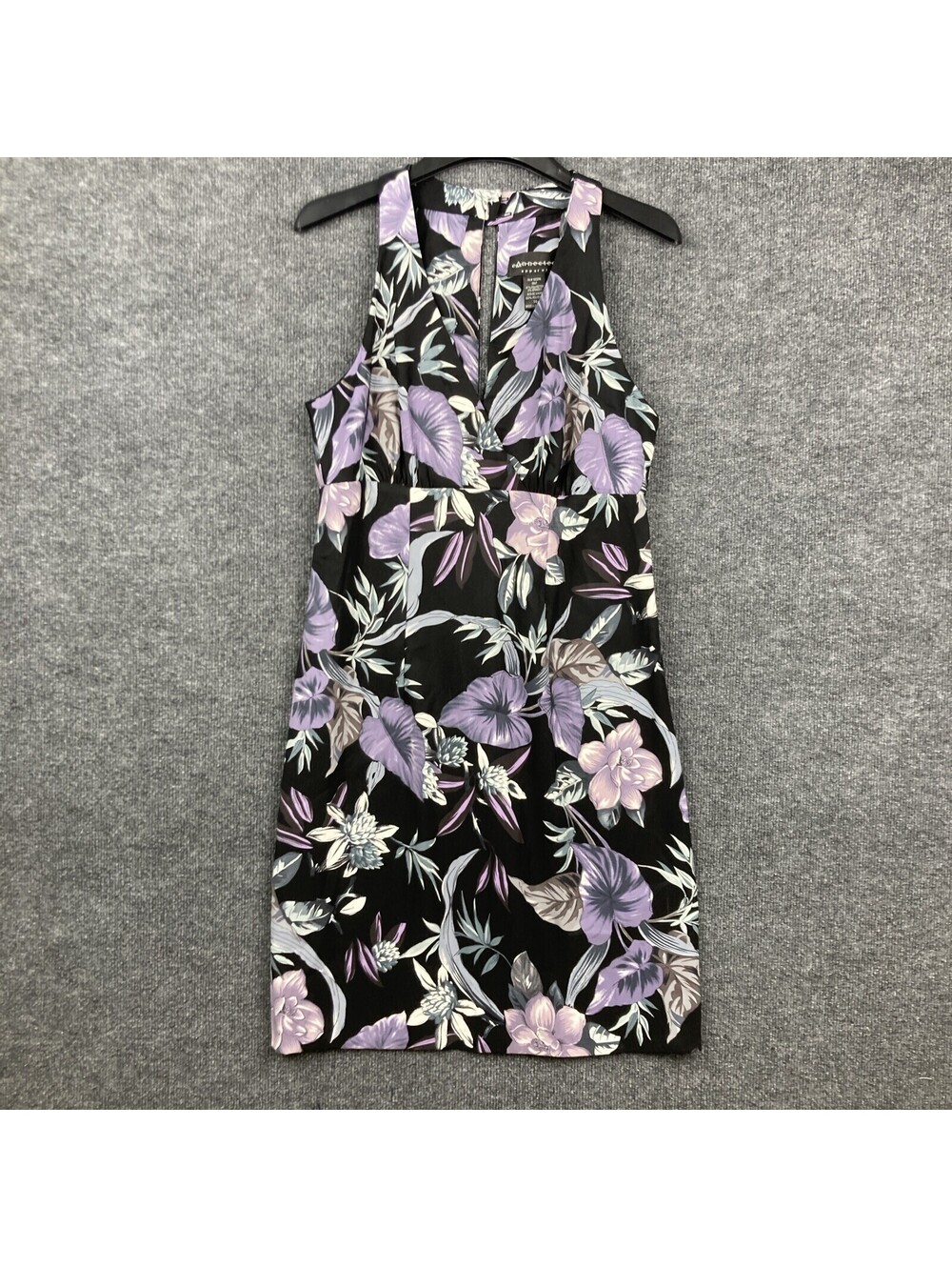 Connected Apparel Women Sz 14 Black Purple Floral Pattern Sleeveless Dress EUC